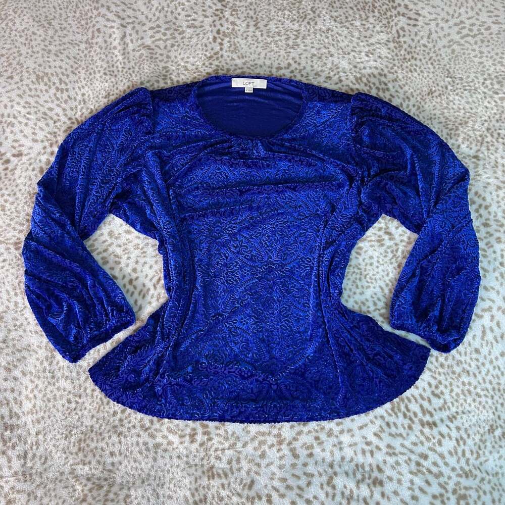 LOFT Velvet Blouse Size XL Royal Blue Paisley Long Sleeve Top